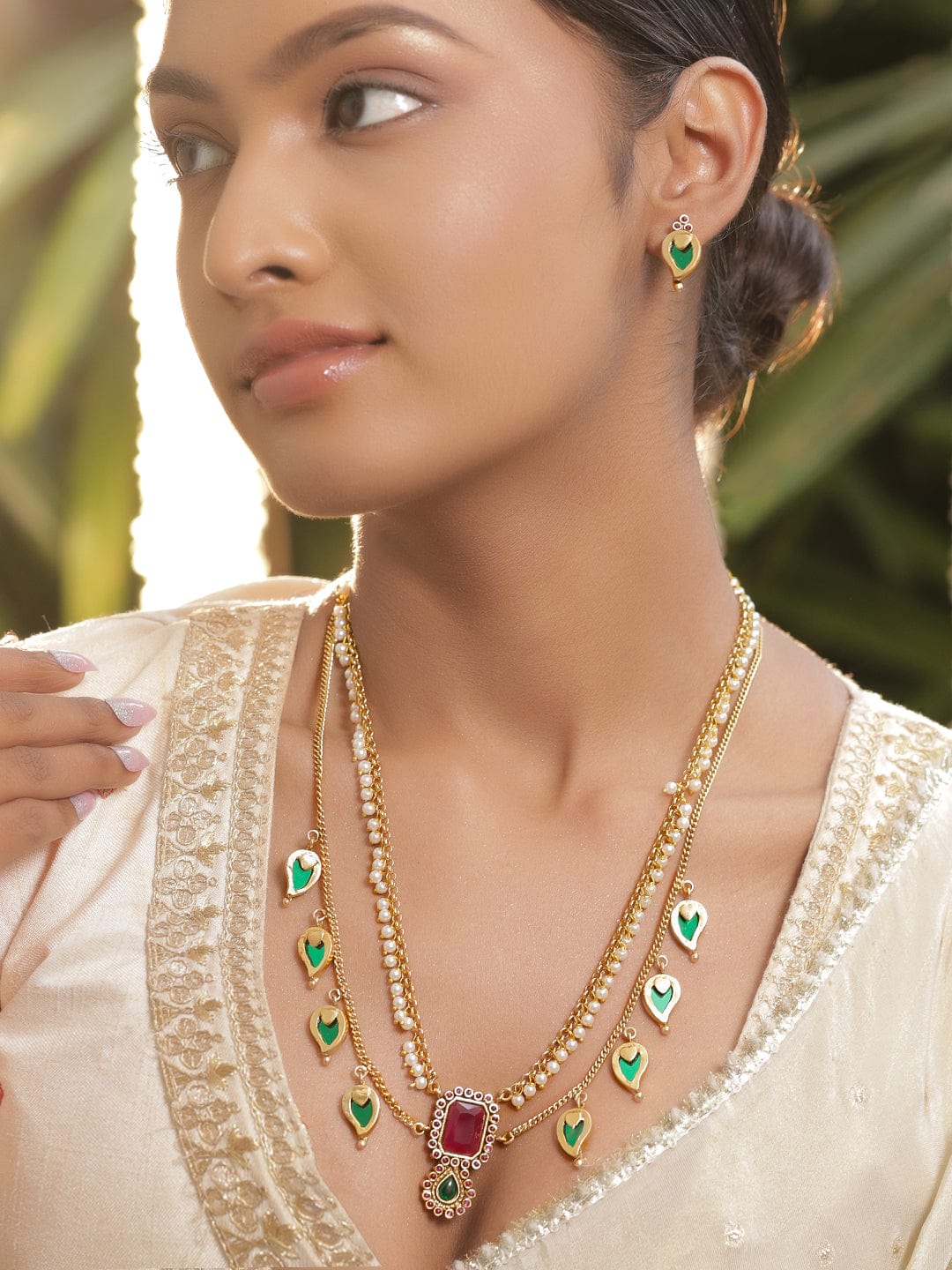 Red & Green Dual Layered Pearl Necklace Set フリーサイズ