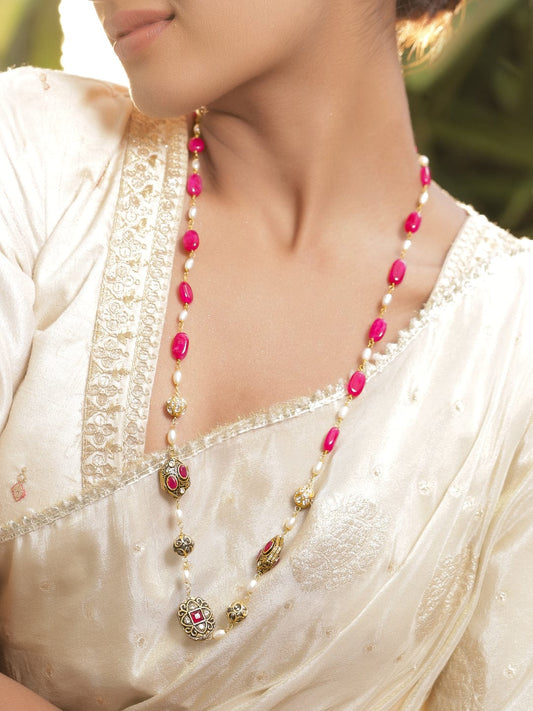 Red & Pearl Beaded Long Necklace Set フリーサイズ