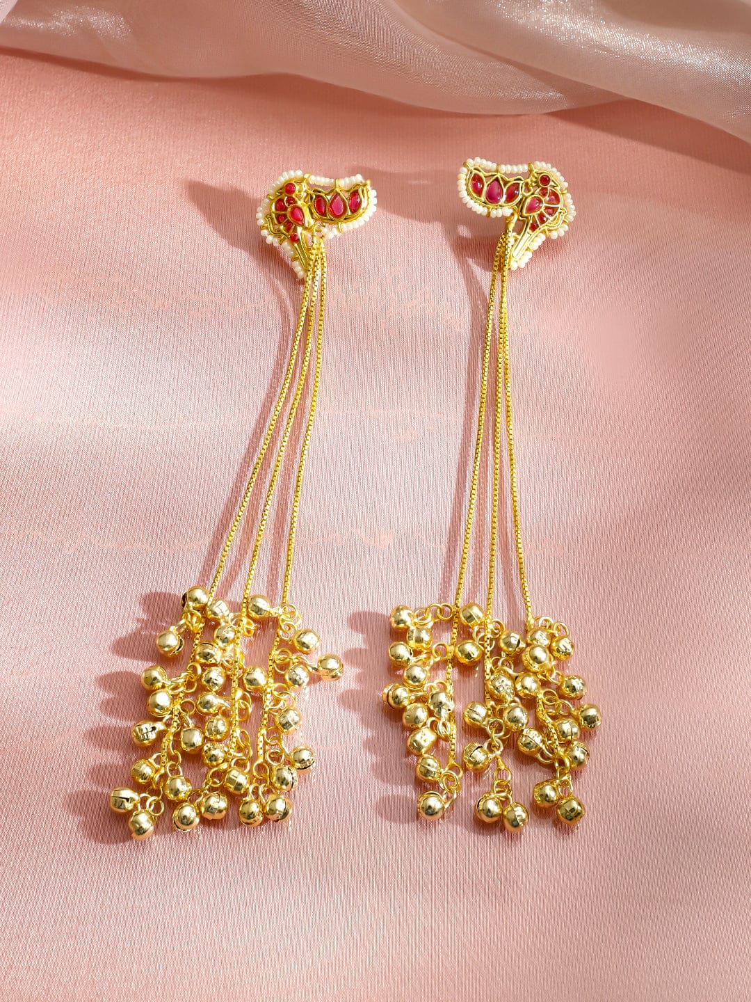 Long Gold Beaded Red Kashmiri Dangler Earrings フリーサイズ