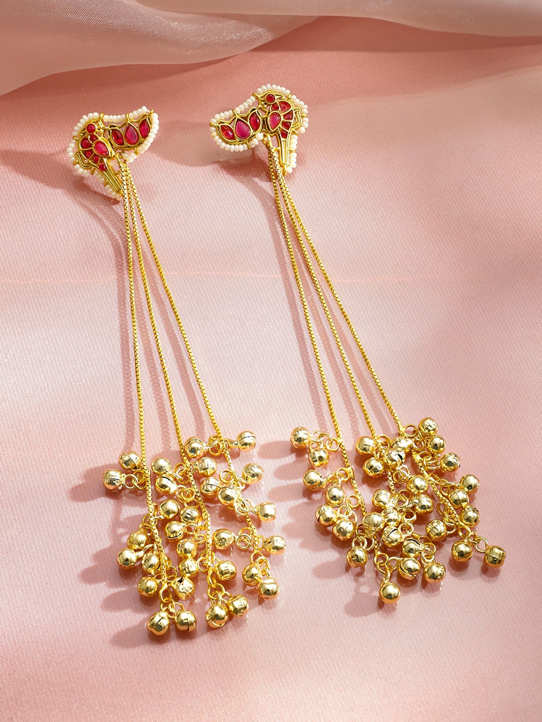 Long Gold Beaded Red Kashmiri Dangler Earrings フリーサイズ