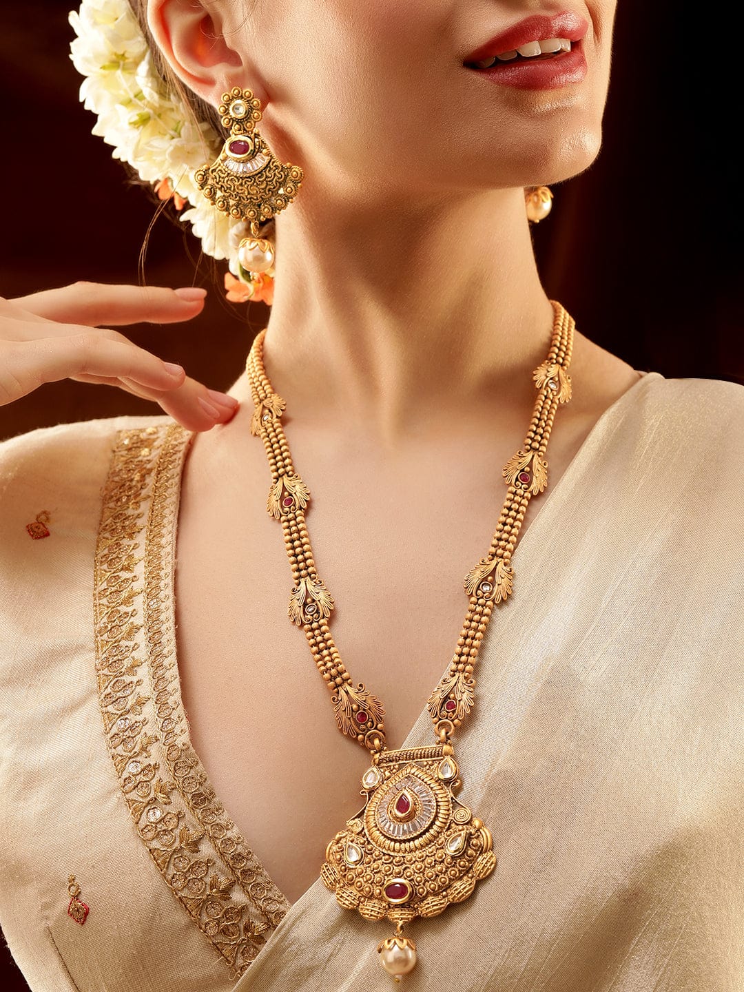Red & White Studded Gold Beads Necklace Set Red
