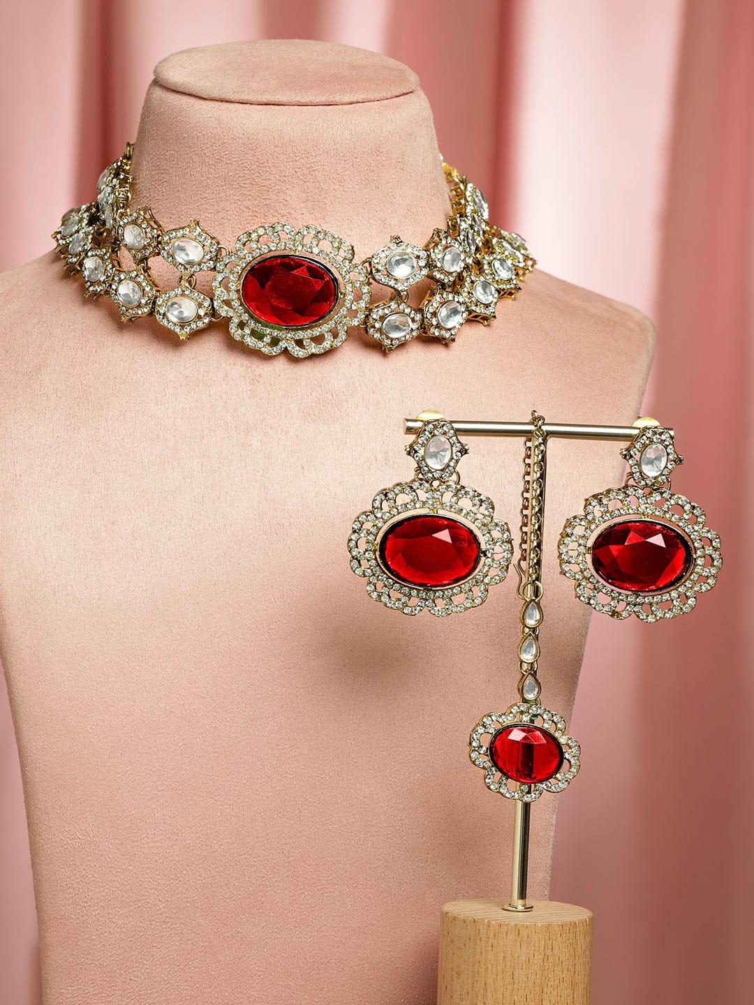 Luxe Red Gemstone Necklace Set フリーサイズ