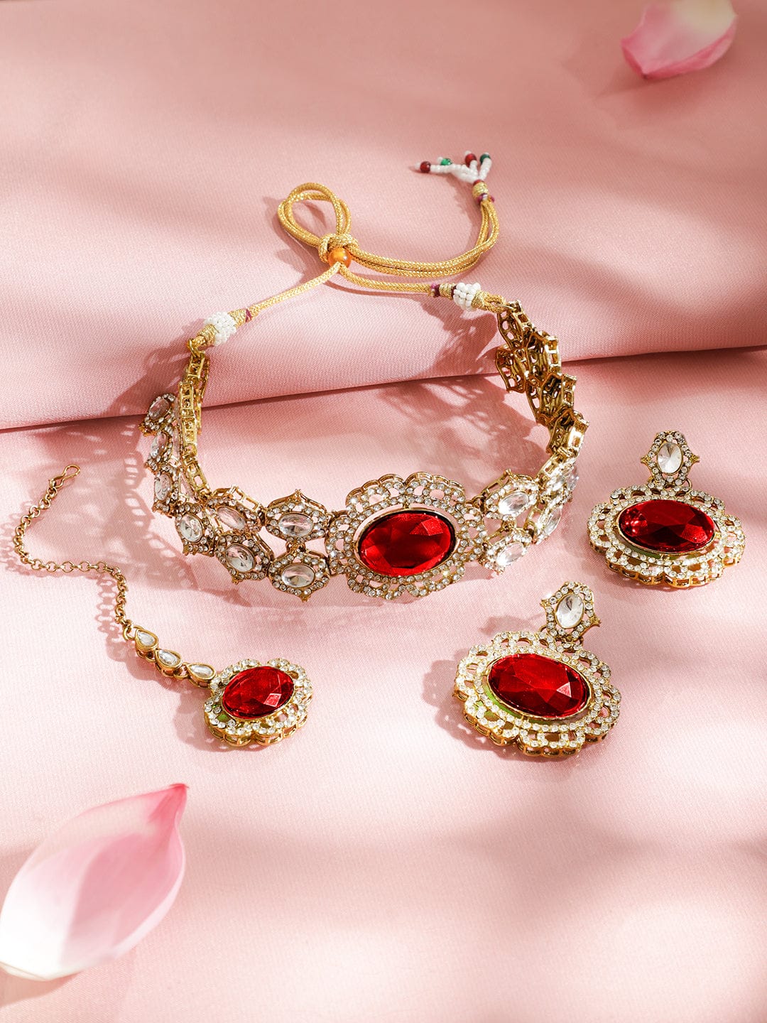 Luxe Red Gemstone Necklace Set フリーサイズ