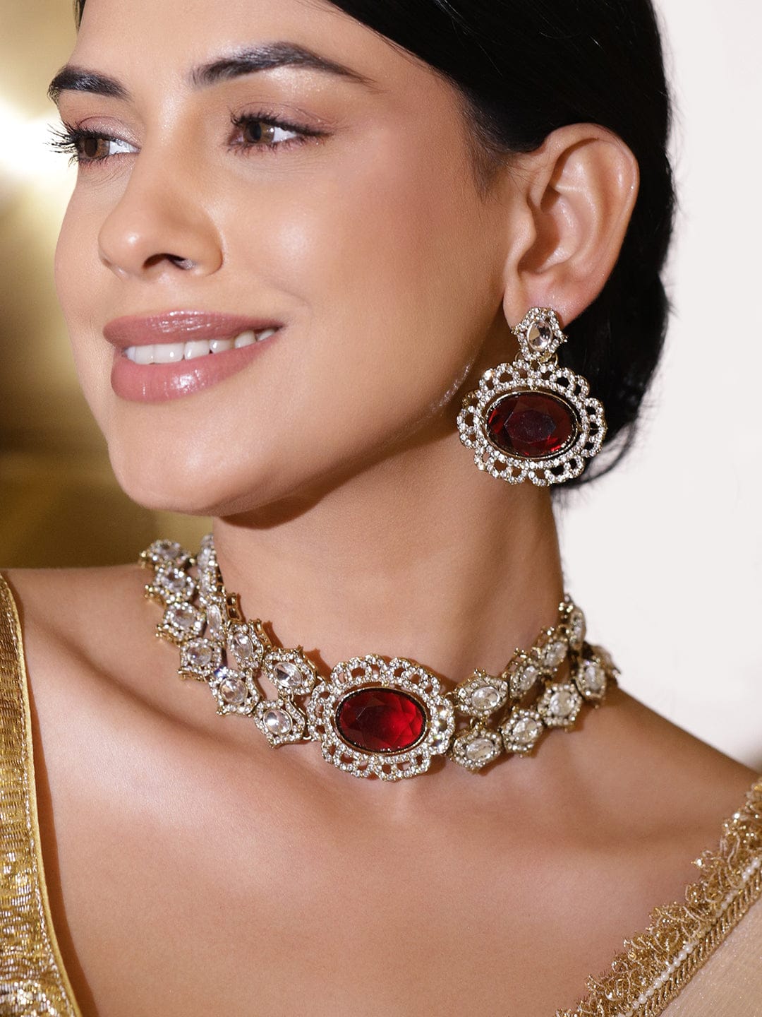 Luxe Red Gemstone Necklace Set フリーサイズ