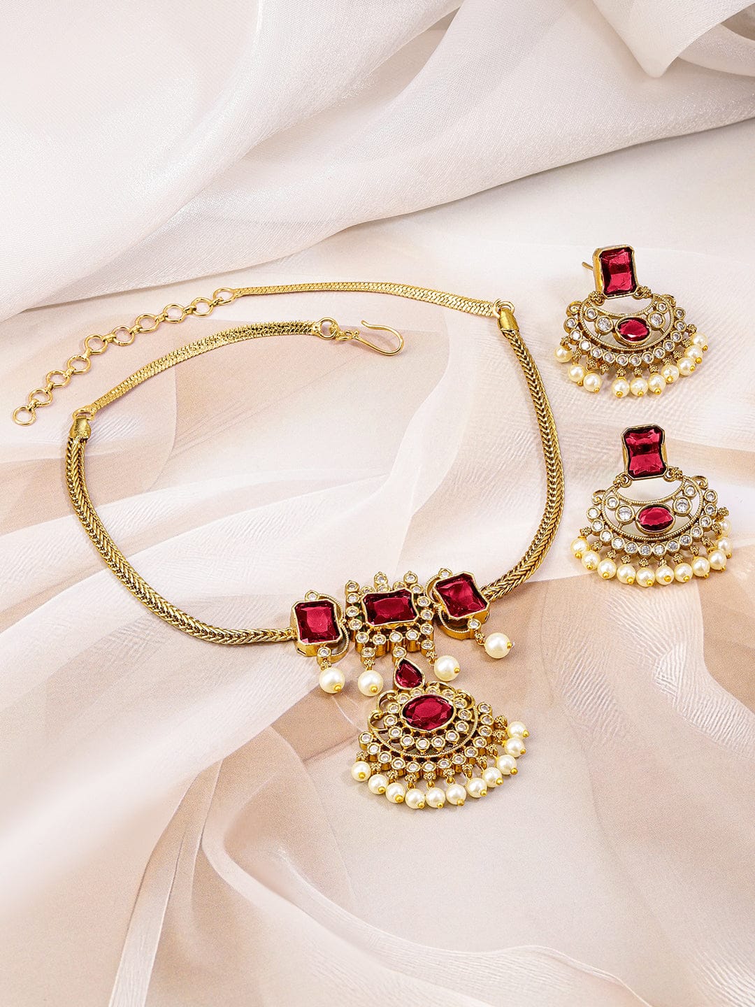 Ruby Studded Pearl Drop Gold Necklace Set Red