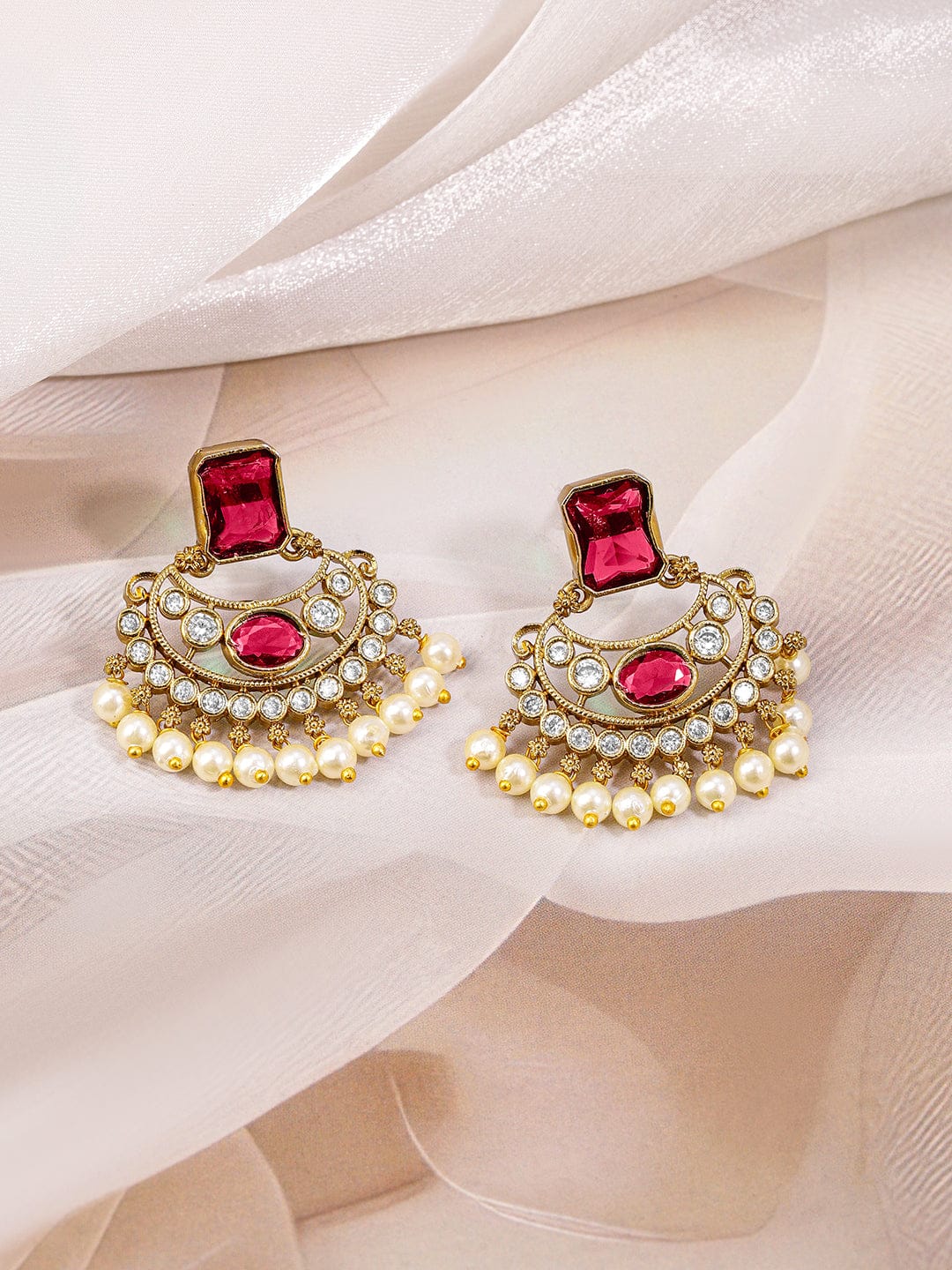 Ruby Studded Pearl Drop Gold Necklace Set Red