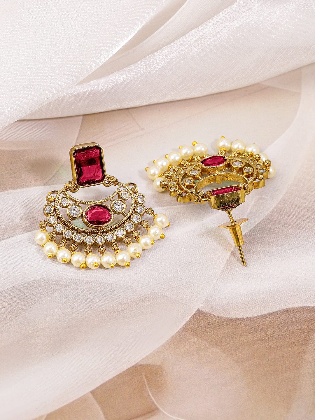 Ruby Studded Pearl Drop Gold Necklace Set Red