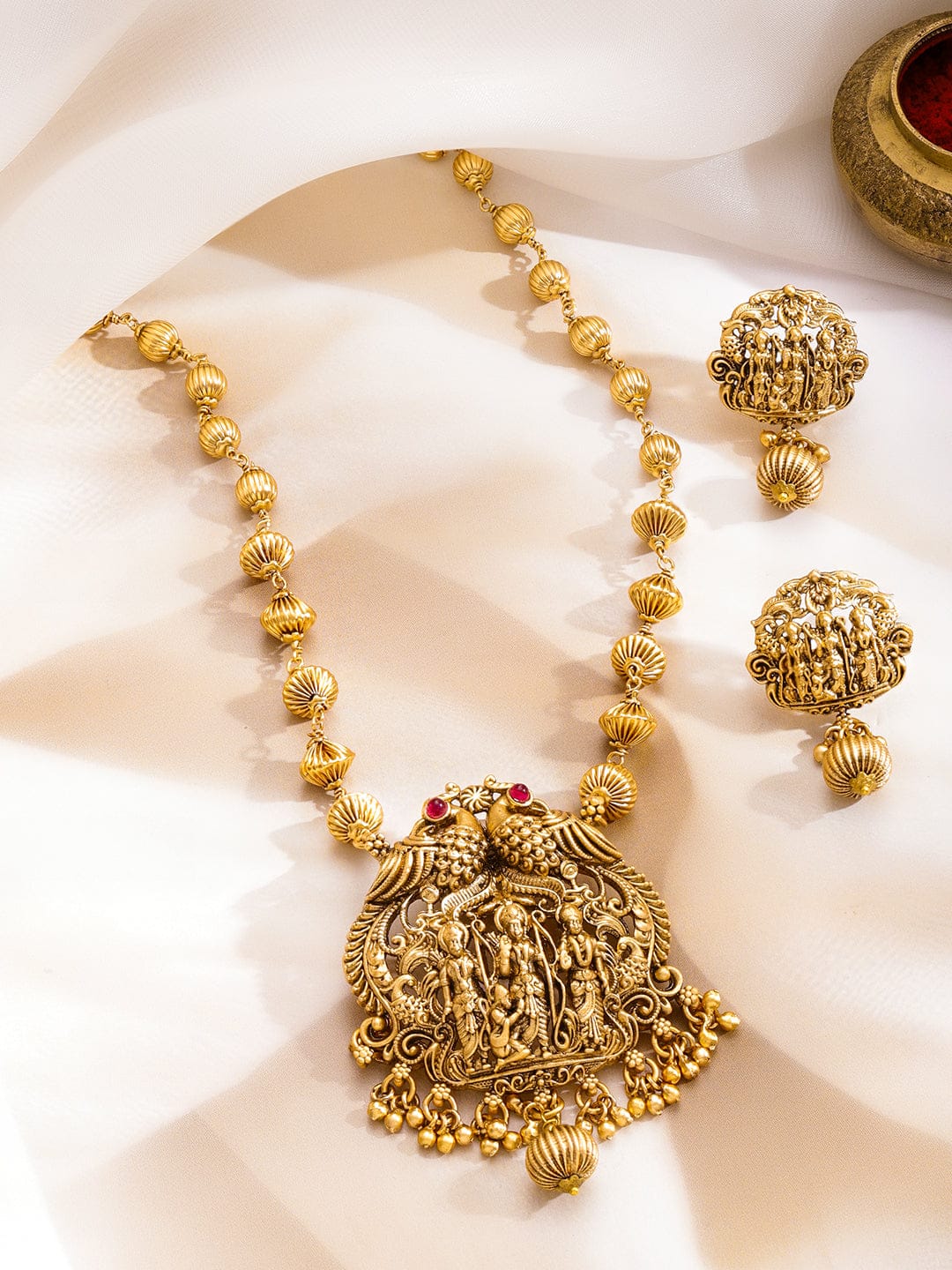 Gold Beaded Temple Necklace Set フリーサイズ