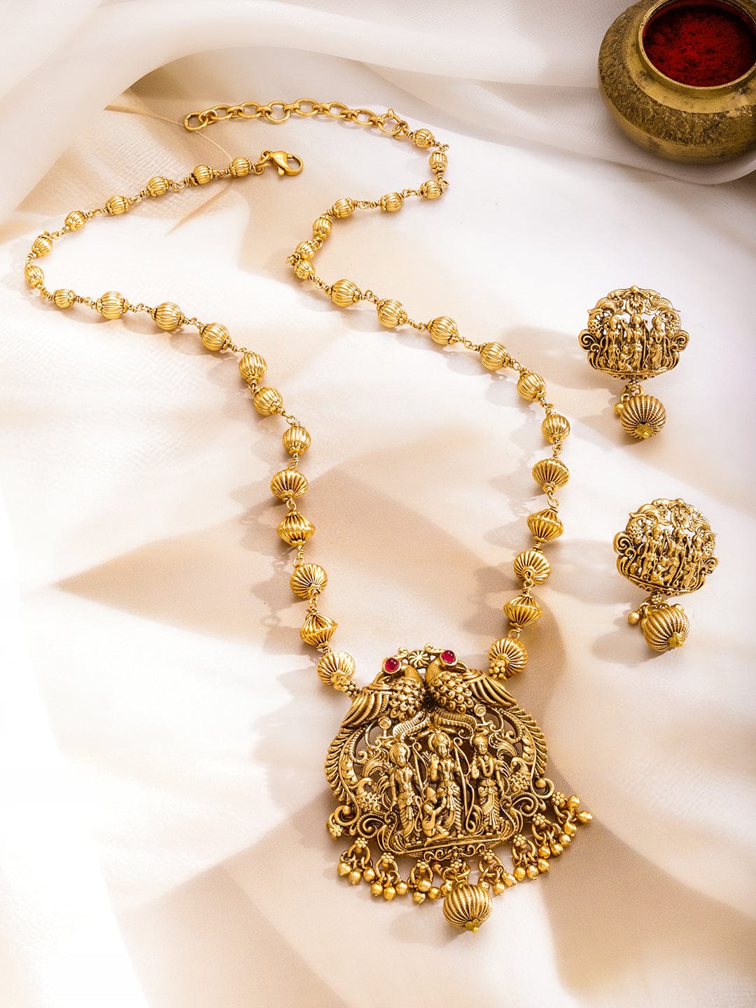 Gold Beaded Temple Necklace Set フリーサイズ