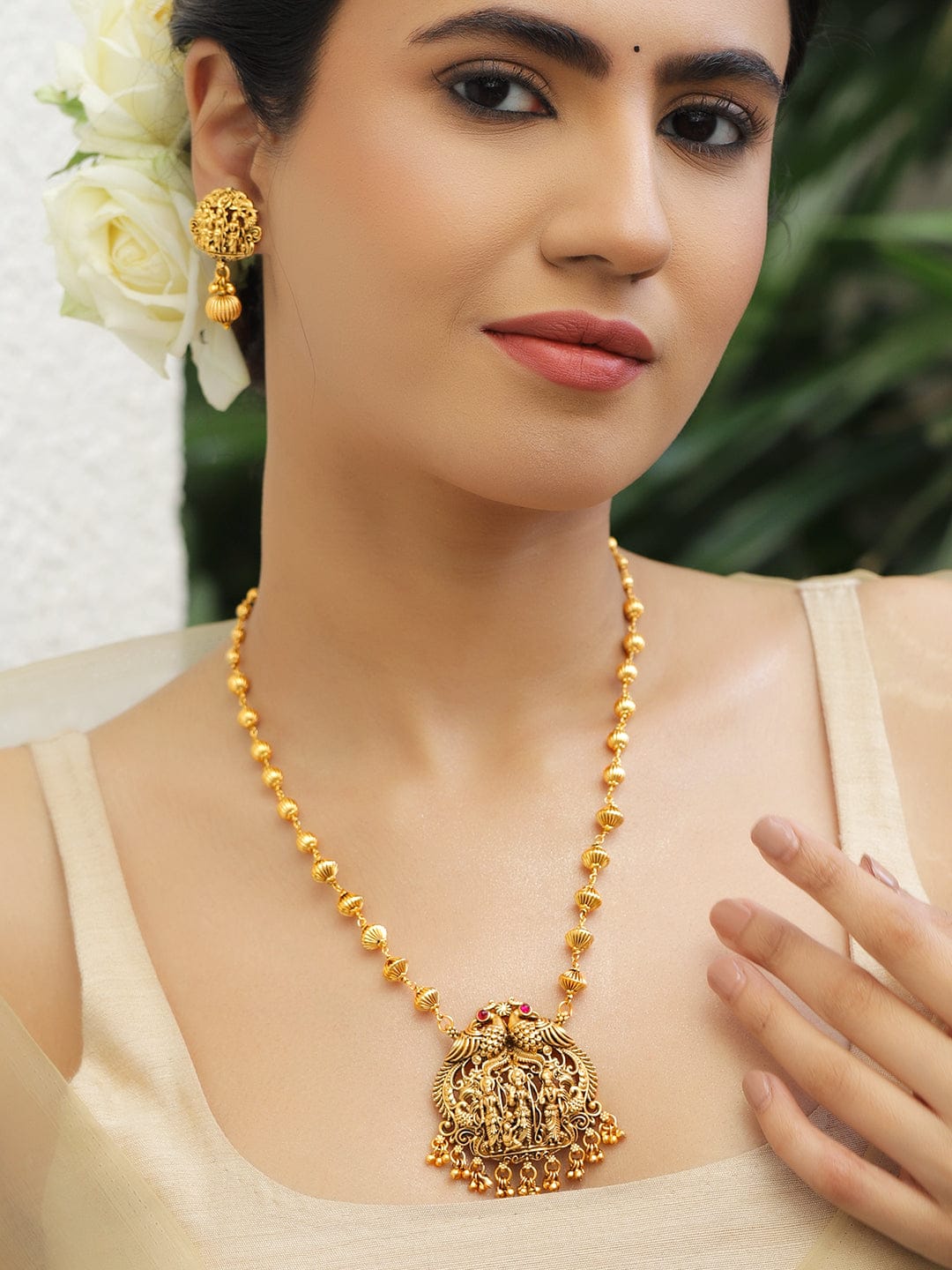 Gold Beaded Temple Necklace Set フリーサイズ