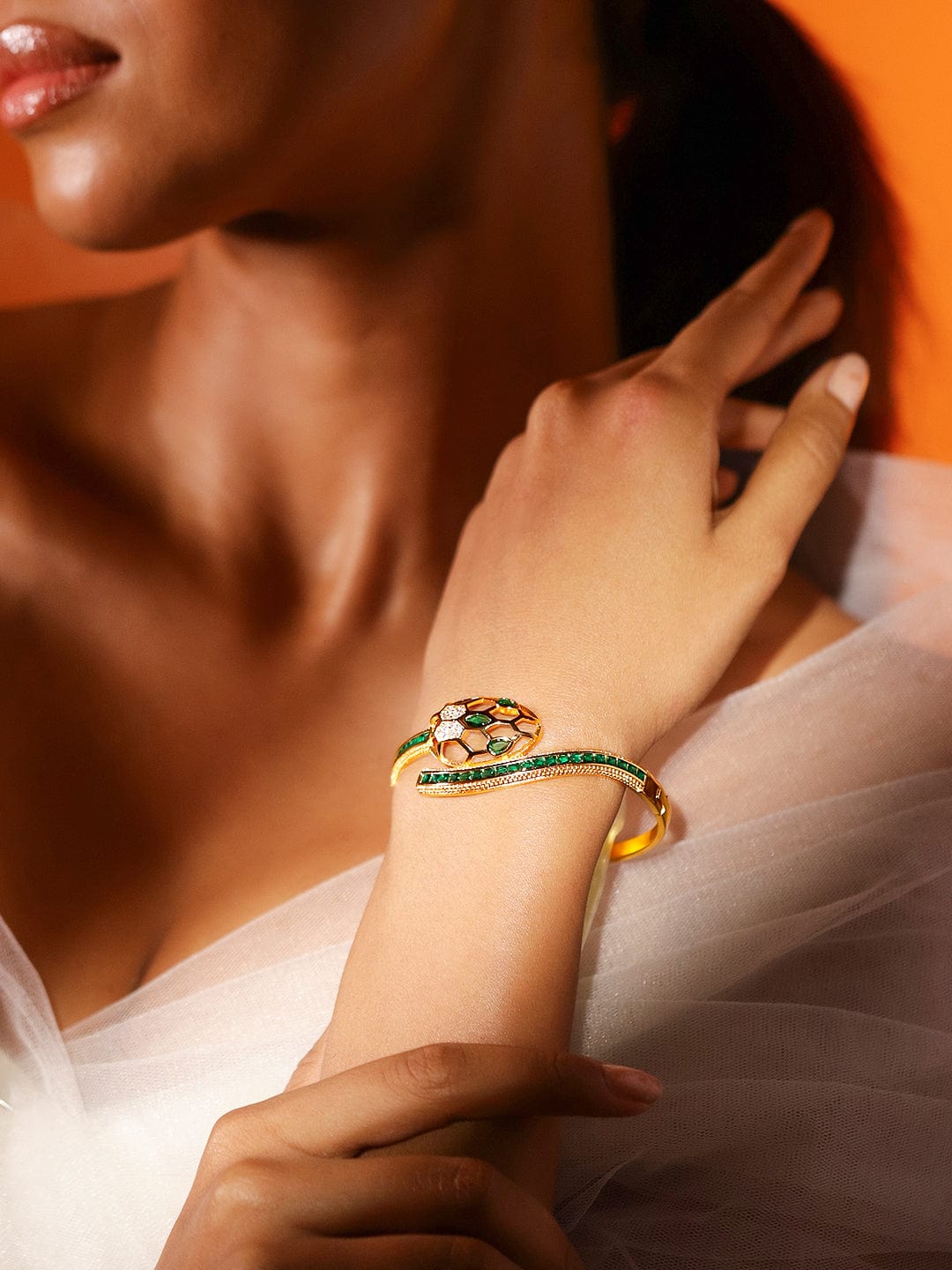 Rubans 22K Gold-Plated Snake Motif Bracelet with Honeycomb Design, Emerald & Zirconia Gold
