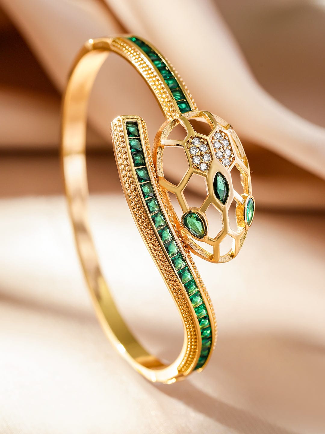 Rubans 22K Gold-Plated Snake Motif Bracelet with Honeycomb Design, Emerald & Zirconia Gold