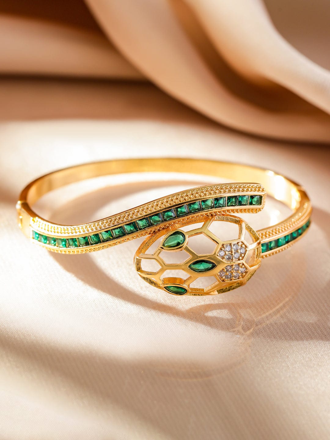 Rubans 22K Gold-Plated Snake Motif Bracelet with Honeycomb Design, Emerald & Zirconia Gold