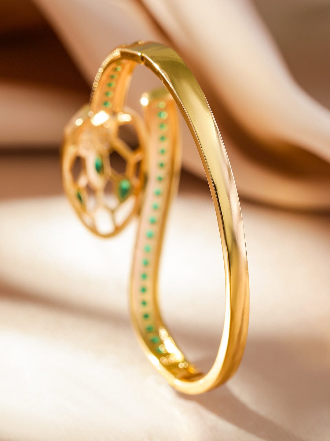 Rubans 22K Gold-Plated Snake Motif Bracelet with Honeycomb Design, Emerald & Zirconia Gold