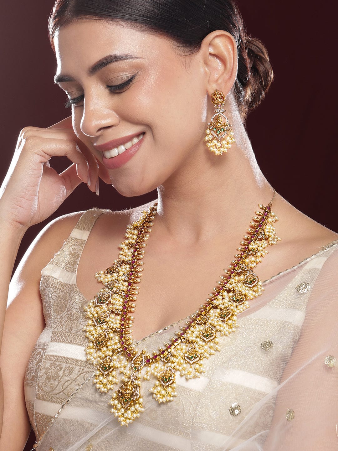 American Diamond Zirconia Studded Pearl Temple Necklace Set Gold