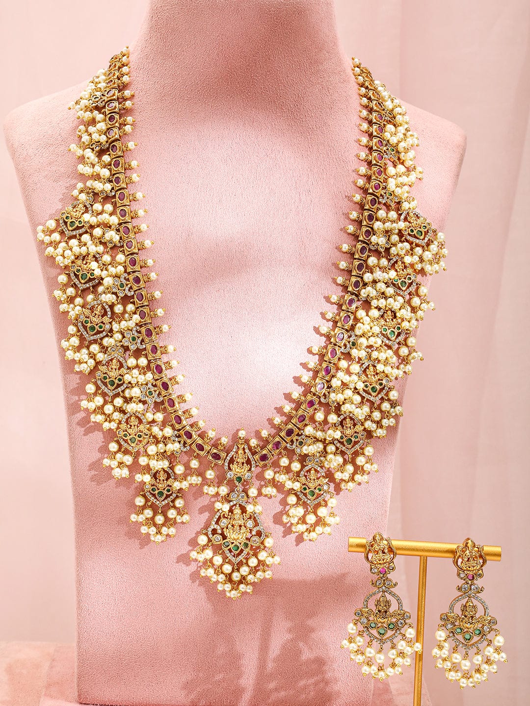American Diamond Zirconia Studded Pearl Temple Necklace Set Gold