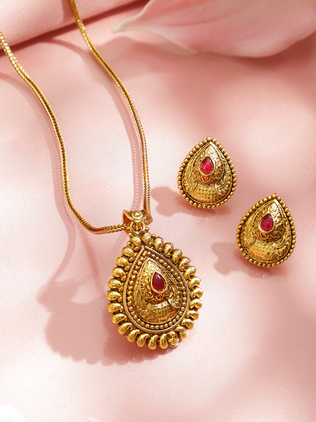 Gold Teardrop Pendant Necklace Set フリーサイズ