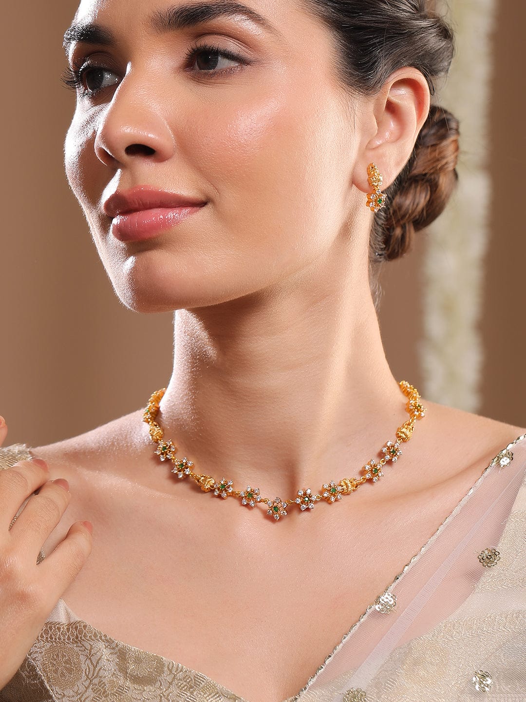 American Diamond Zirconia Floral Temple Necklace Set フリーサイズ