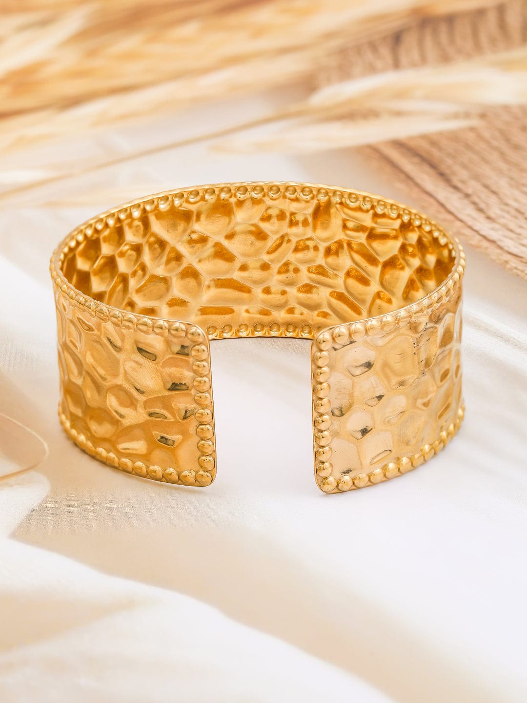 Rubans 22K Gold-Plated Textured Free Size Statement Cuff Bracelet Gold
