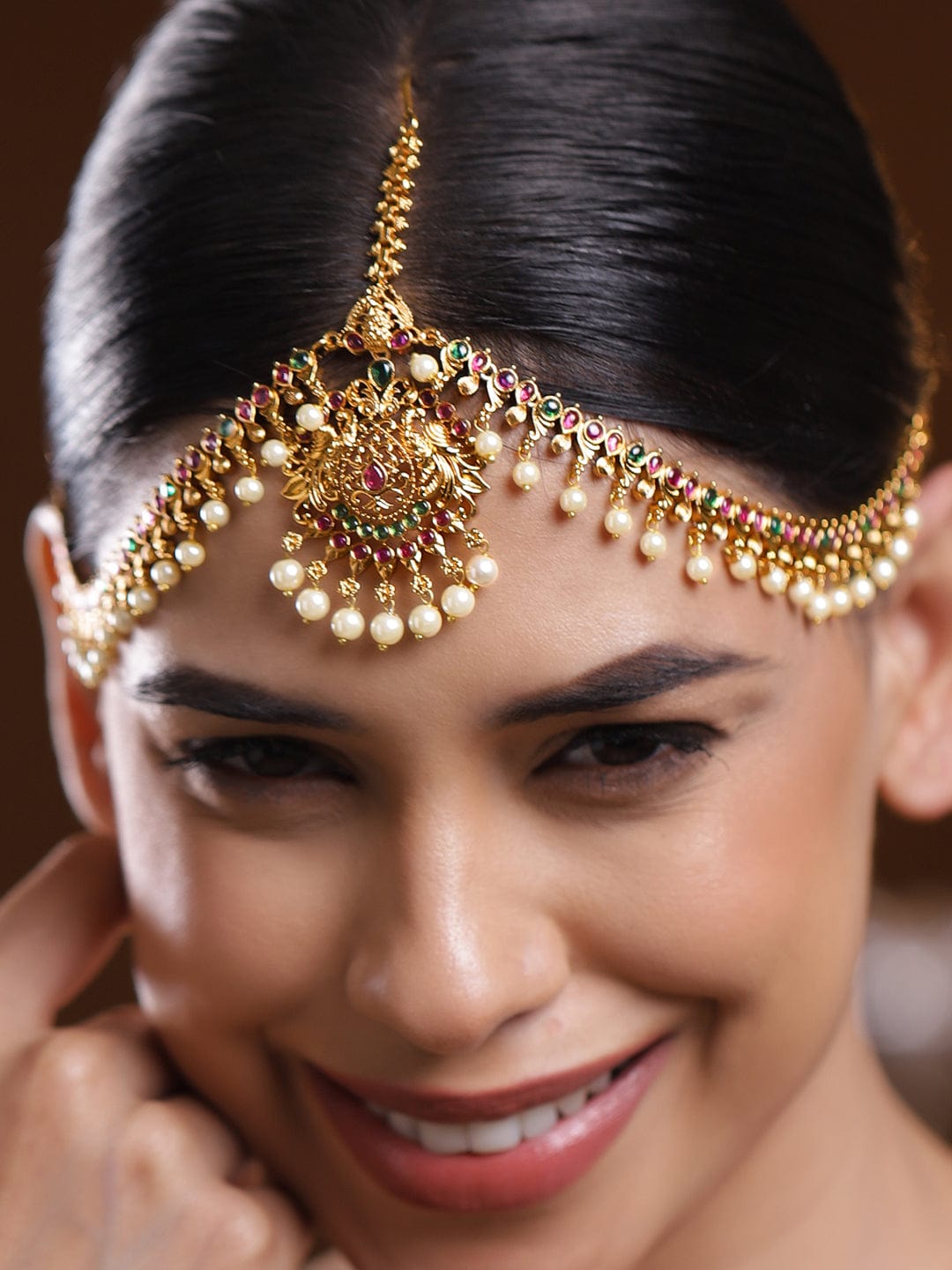Rubans 22K Gold-Plated Traditional Ruby Green Stone & Pearl Beaded Bridal Matha Patti Gold
