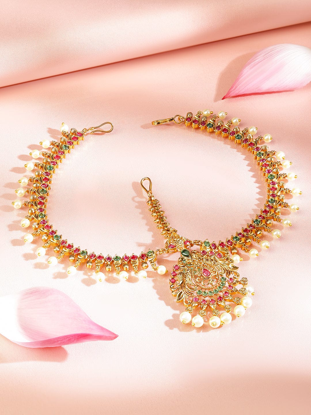 Rubans 22K Gold-Plated Traditional Ruby Green Stone & Pearl Beaded Bridal Matha Patti Gold