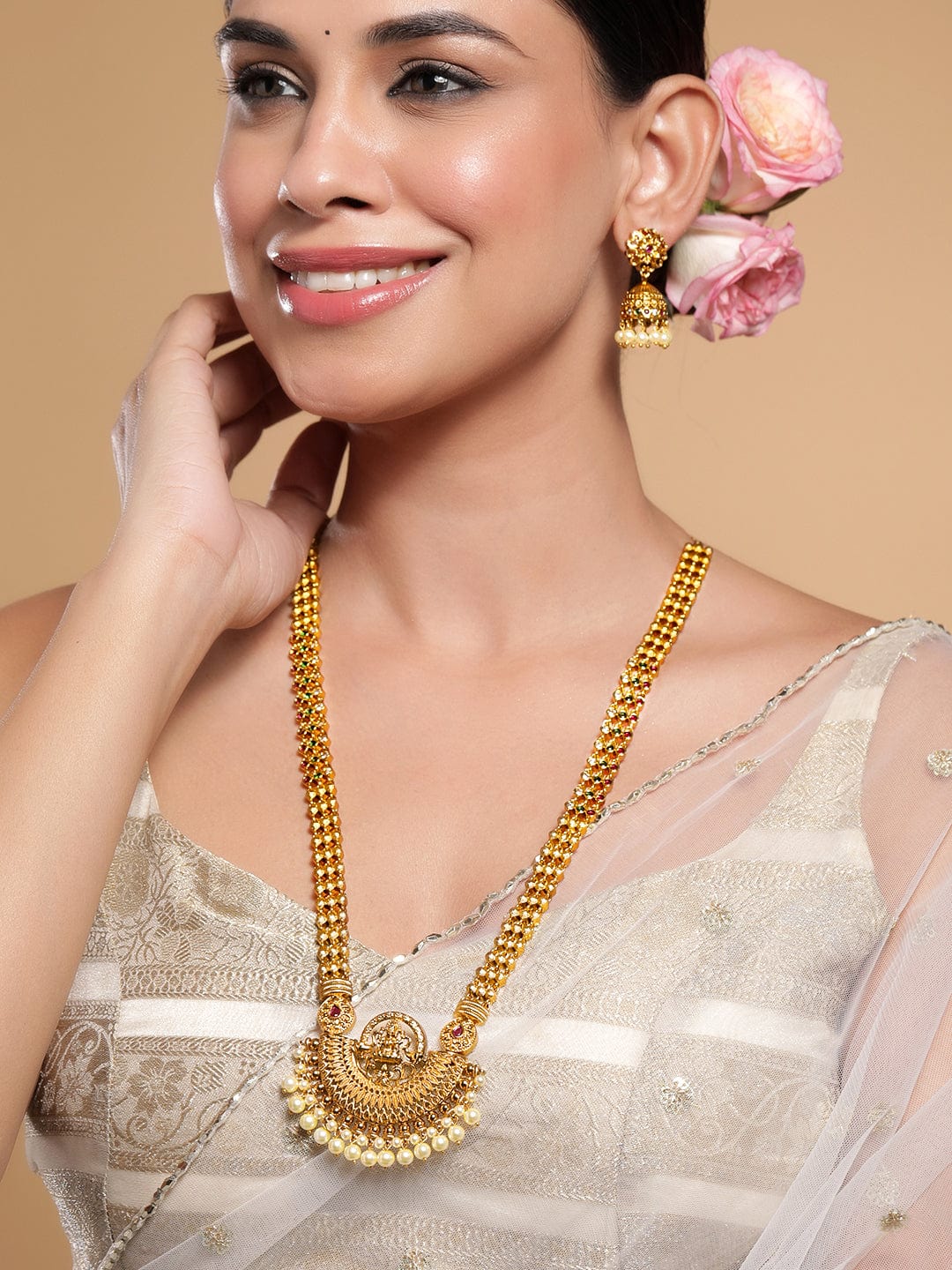 Laxmi Motif Pearl Drop Golden Necklace Set フリーサイズ