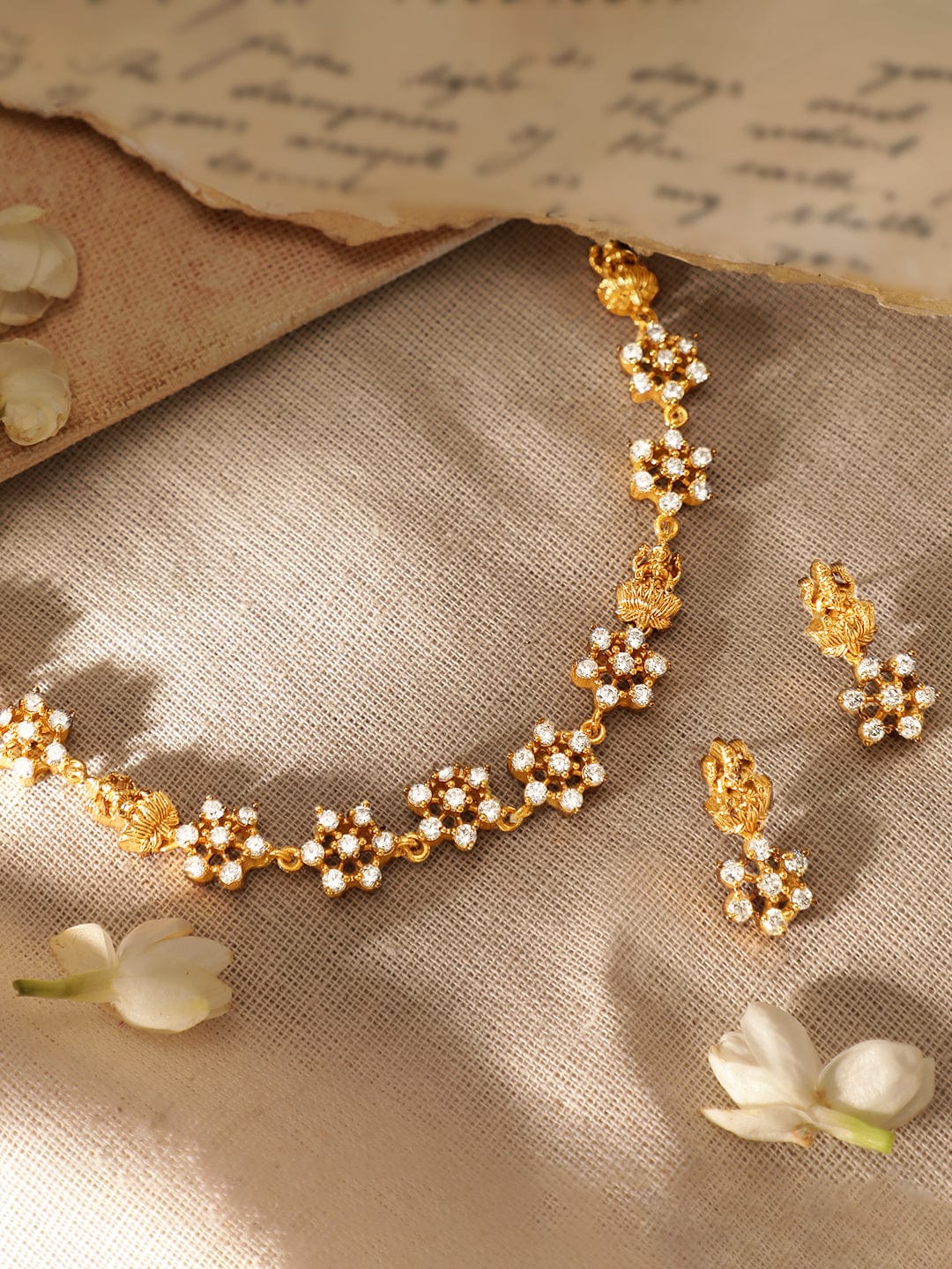Cubic Zircon Temple Necklace Set Gold