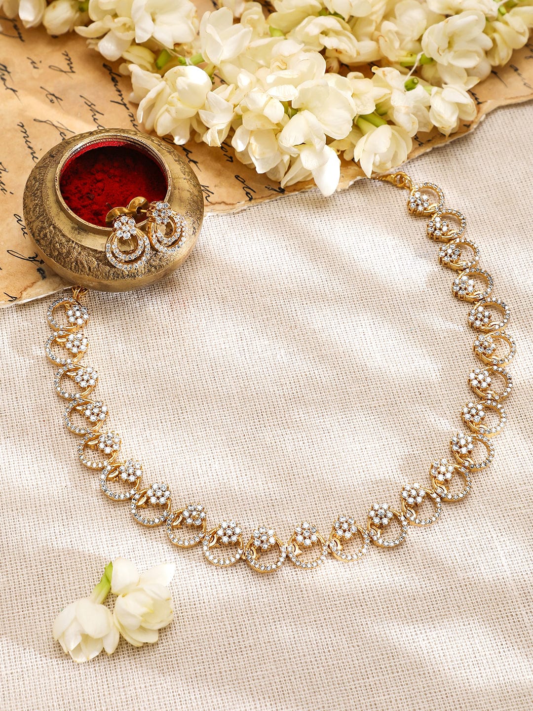 American Diamond Zirconia Floral Ring Necklace Set Gold