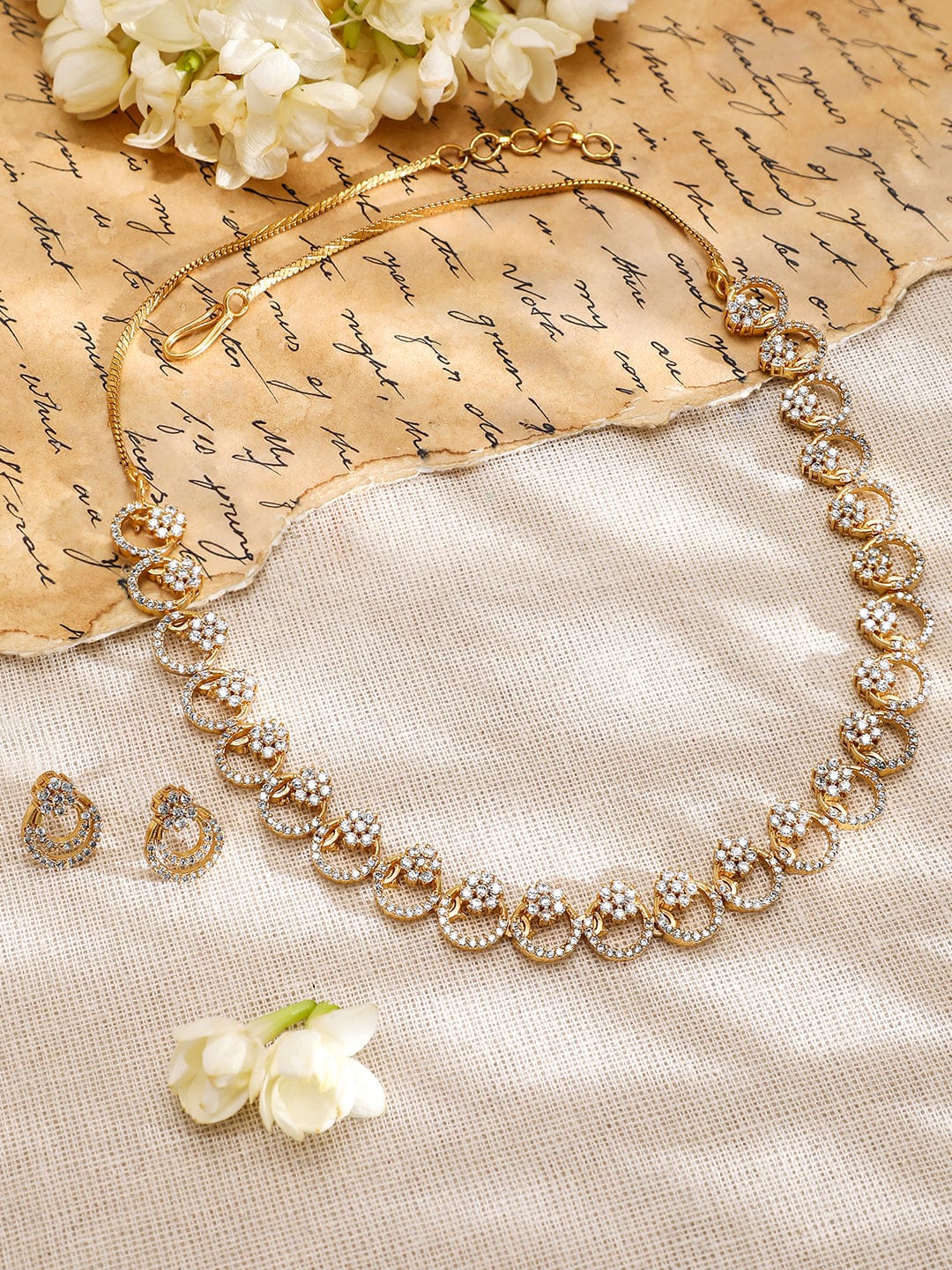 American Diamond Zirconia Floral Ring Necklace Set Gold