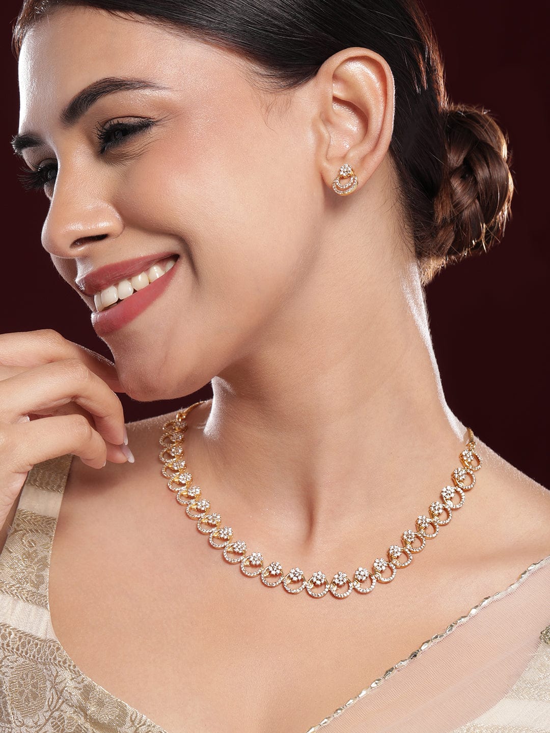 American Diamond Zirconia Floral Ring Necklace Set Gold