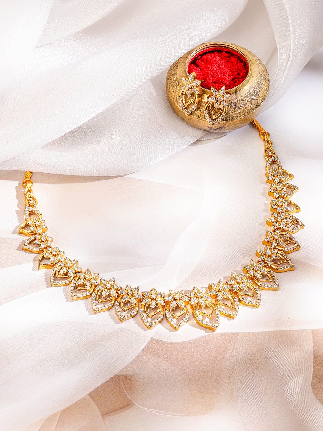 American Diamond Zirconia Floral Necklace Set フリーサイズ