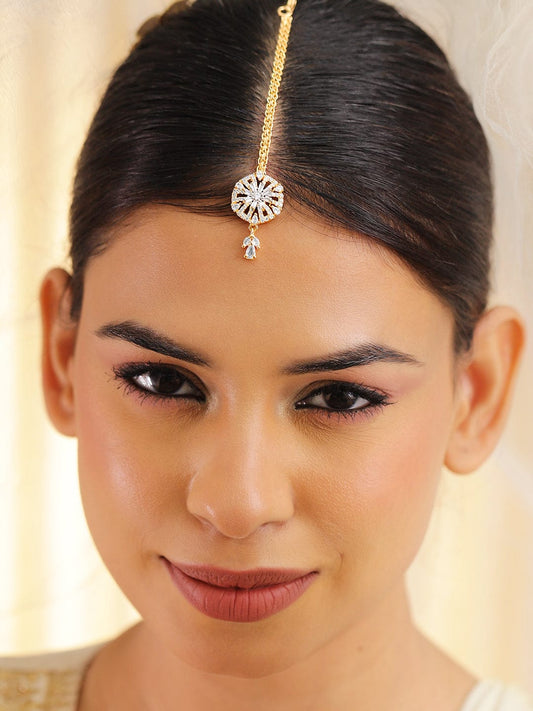 Rubans 22K Gold-Plated White Cubic Zirconia Studded Maang Tikka Gold