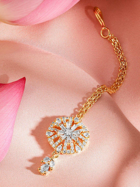 Rubans 22K Gold-Plated White Cubic Zirconia Studded Maang Tikka Gold
