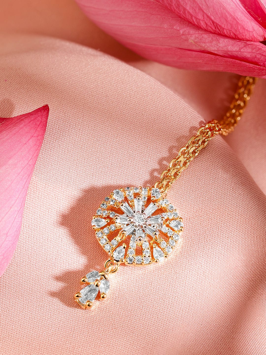 Rubans 22K Gold-Plated White Cubic Zirconia Studded Maang Tikka Gold