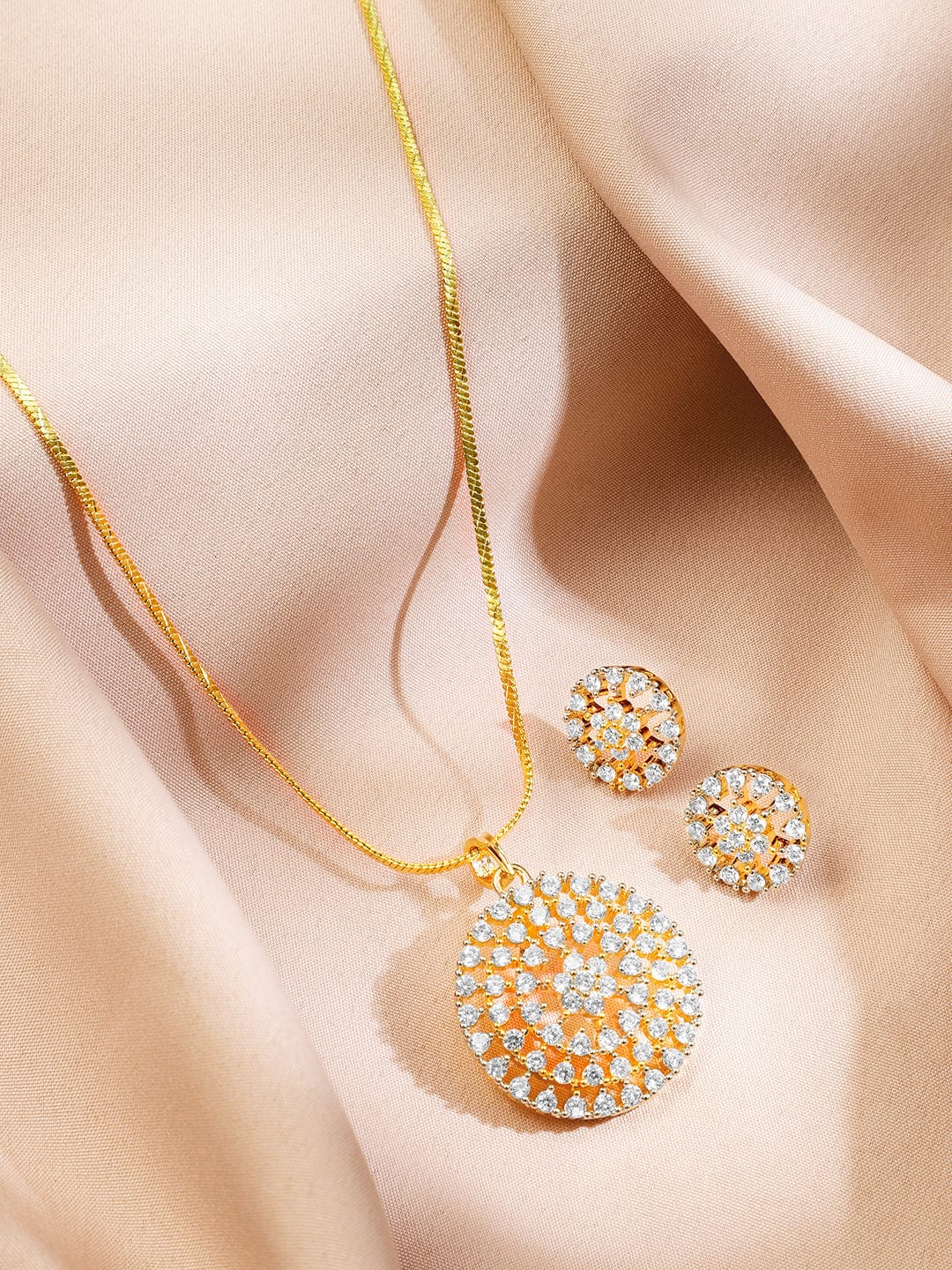 American Diamond Zirconia Round Pendant Necklace Set Design 1