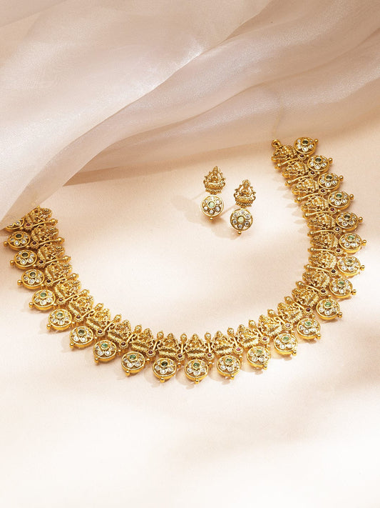 Golden Kundan Floral Laxmi Motif Necklace Set フリーサイズ