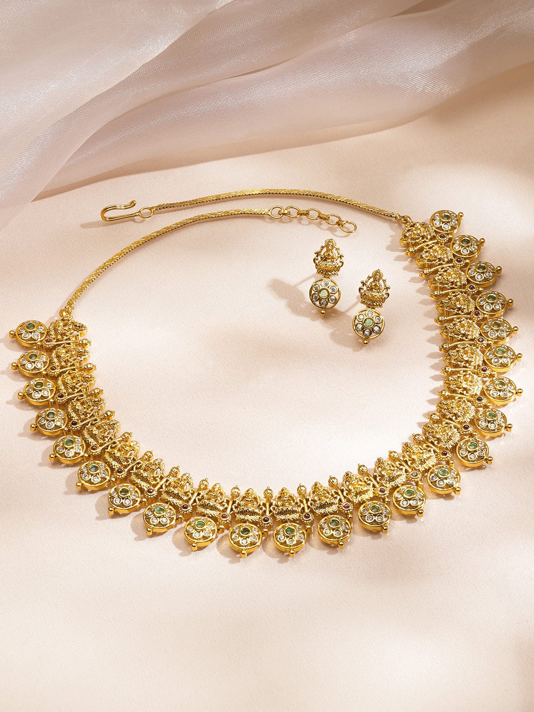 Golden Kundan Floral Laxmi Motif Necklace Set フリーサイズ