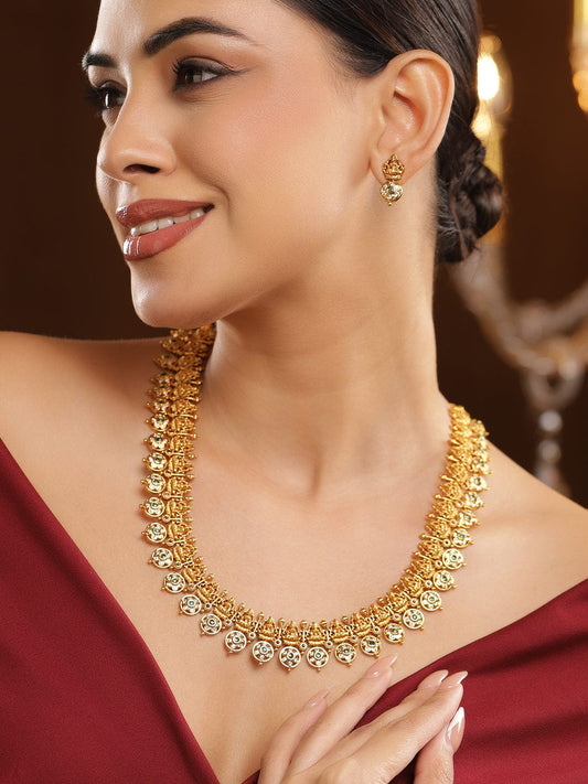 White Studded Laxmi Motif Gold Necklace Set フリーサイズ