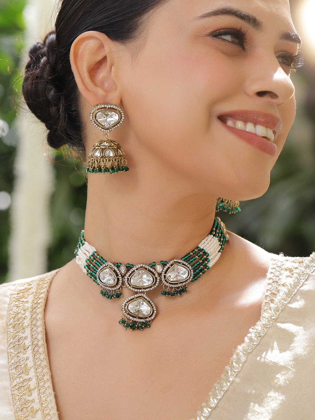 Artisanal Green & Polki Kundan Necklace Set フリーサイズ