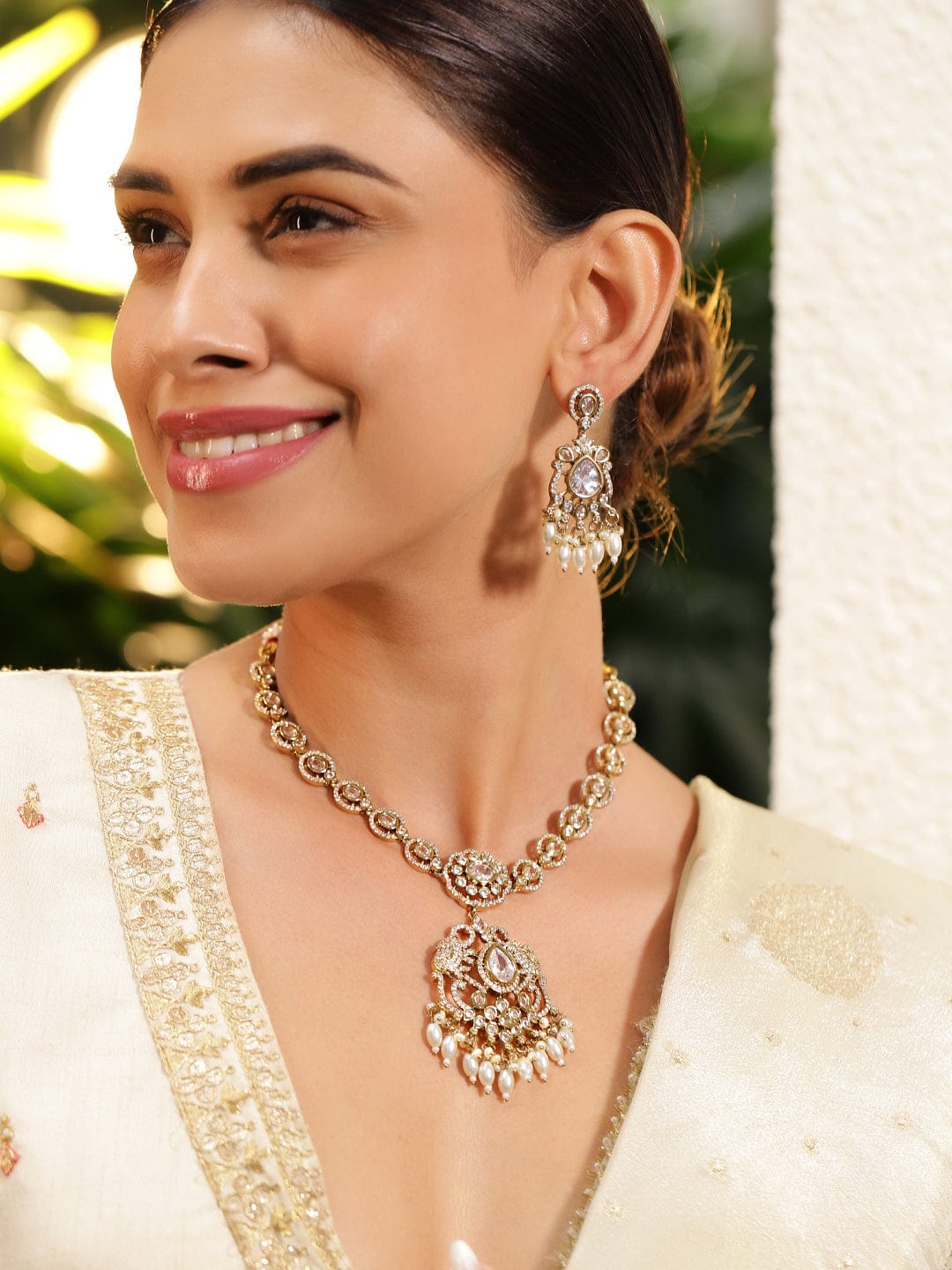 American Diamond Zirconia White Studded Pearl Necklace Gold
