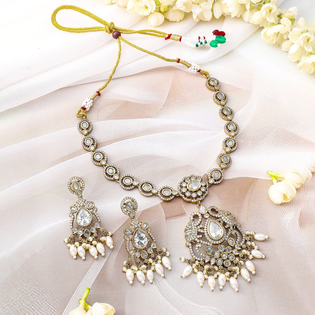 American Diamond Zirconia White Studded Pearl Necklace Gold