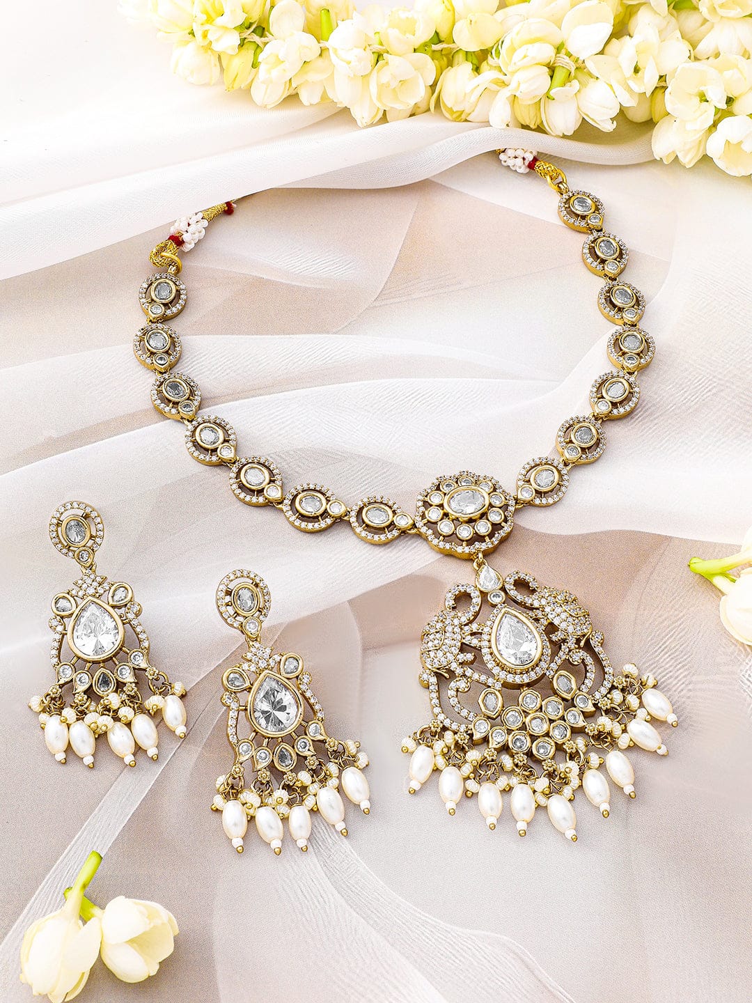 American Diamond Zirconia White Studded Pearl Necklace Gold