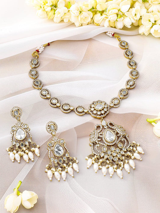 American Diamond Zirconia White Studded Pearl Necklace Gold