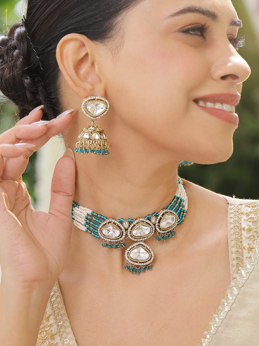 Turquoise Edges Kundan Choker Set フリーサイズ