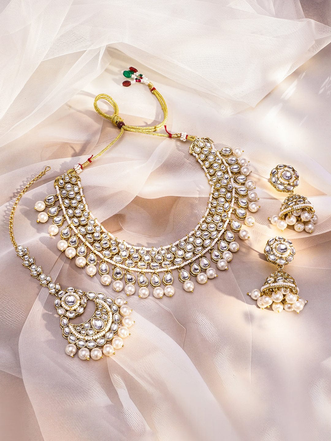 Pearl-Adorned White Kundan Necklace Set フリーサイズ