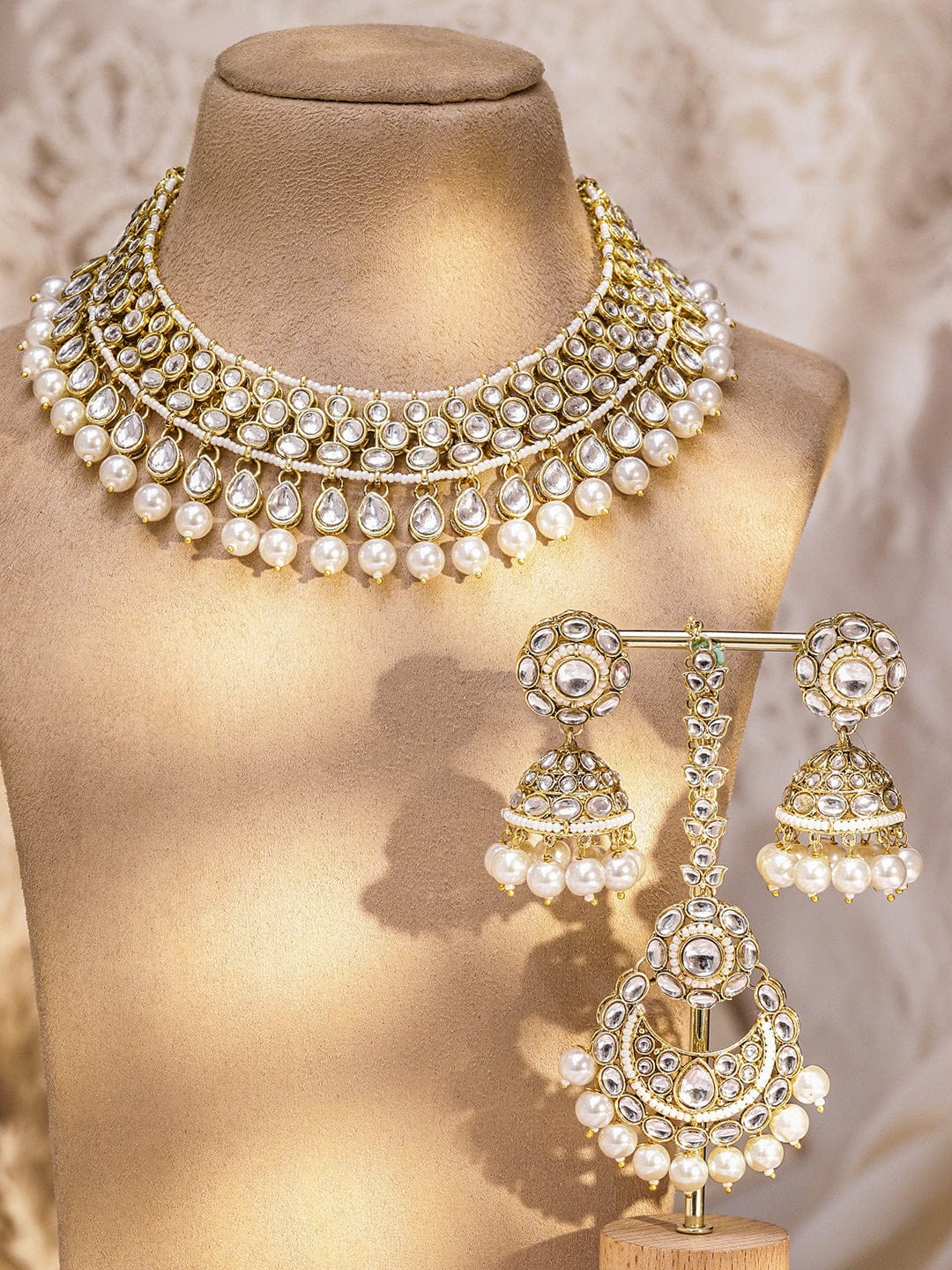 Pearl-Adorned White Kundan Necklace Set フリーサイズ