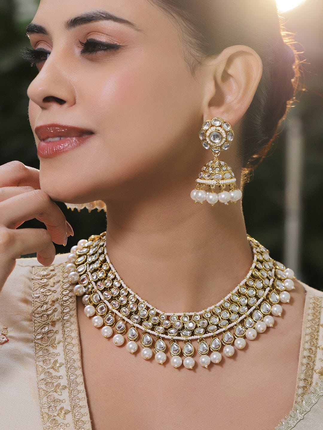 Pearl-Adorned White Kundan Necklace Set フリーサイズ