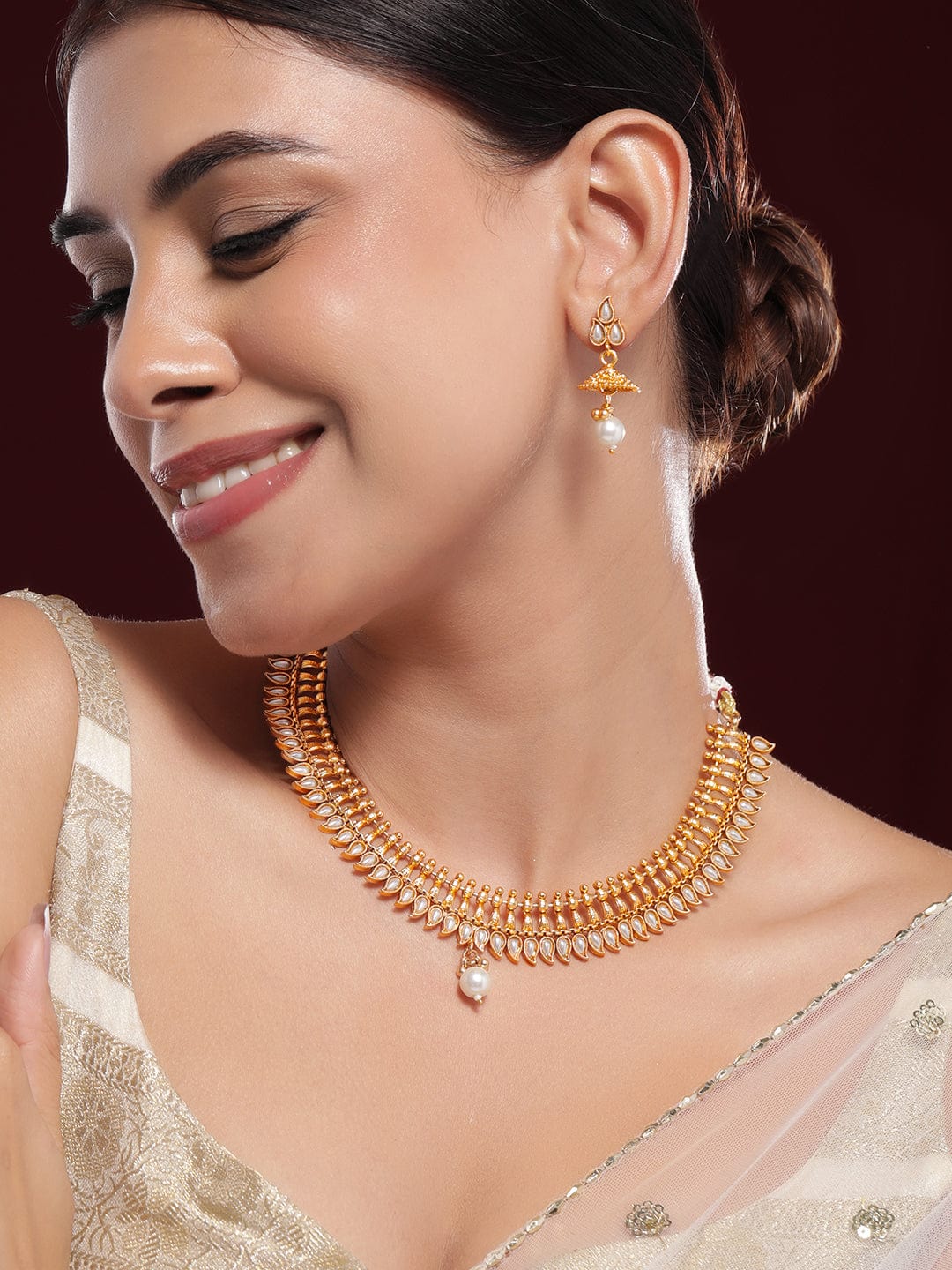Pearl Drop Golden Necklace Set Gold