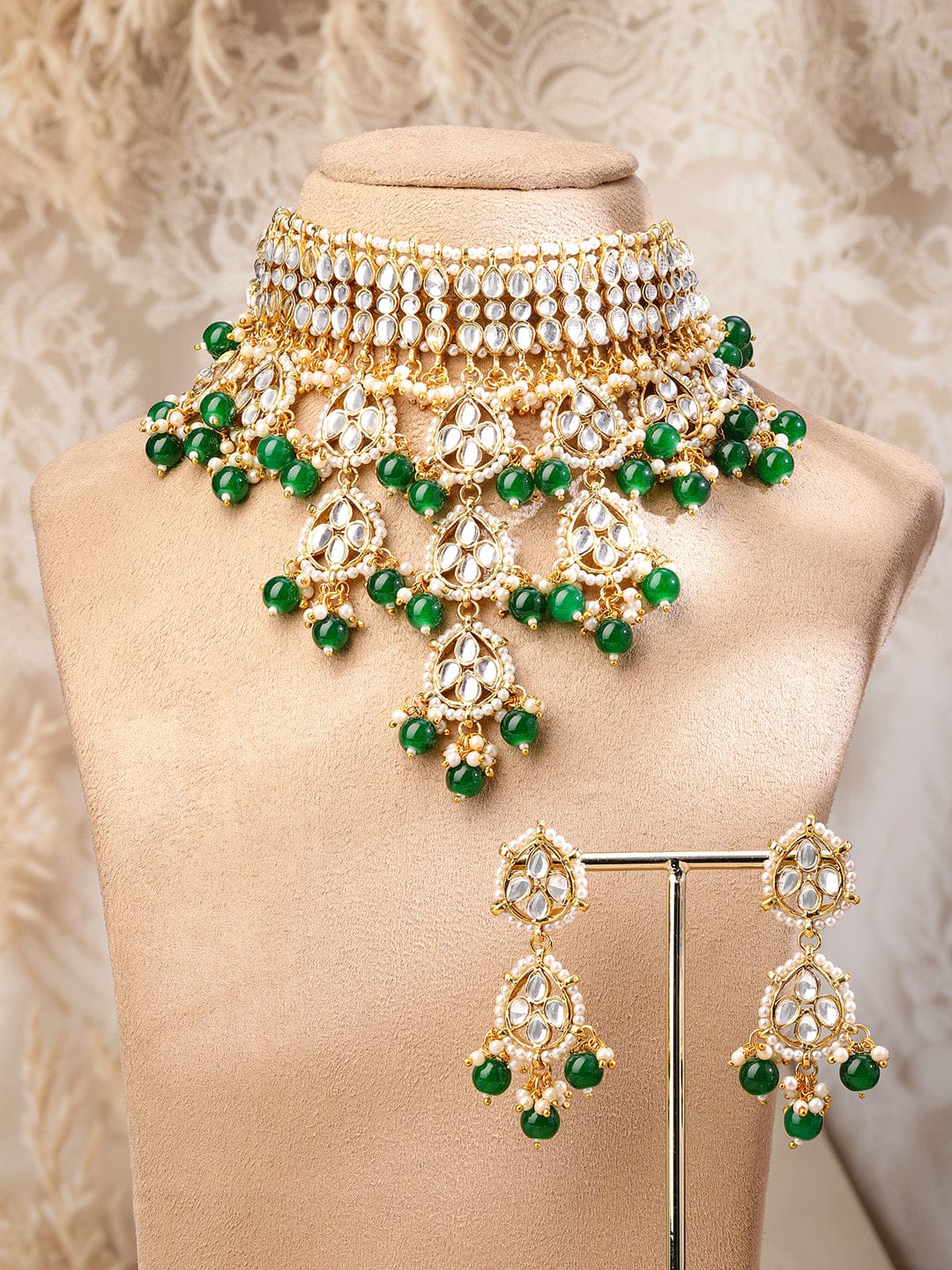 Luxe Green Beads Bridal Necklace Green