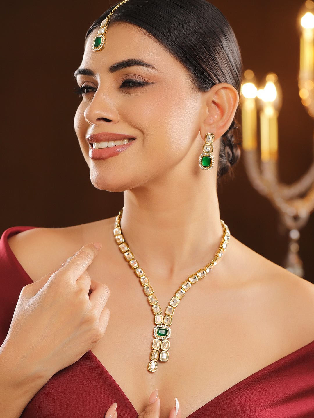 White & Green Kundan Necklace Set フリーサイズ